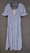 ZESICA - Women's Bohemian Plaid Square Neck Midi Dress - Light Blue - M