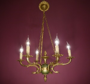 VINTAGE-BRASS-FRENCH-EMPIRE-CHANDELIER-CEILING-LAMP-FIXTURES-OLD-USED-6-LIGHT