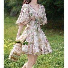 Floral V-neck Print Summer Women's New Celebrity Puff Sleeves A-line Midi Dress