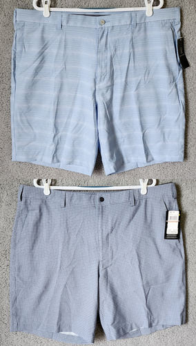 NUOVO lotto di 2 pantaloncini da golf PGA Tour blu e grigi elasticizzati vita attiva taglia 42