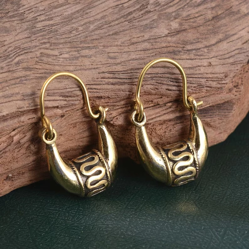 FINE GOLD PLATED VINTAGE AFGHANI BRASS HOOPS BOHO TRIBAL MANDALA