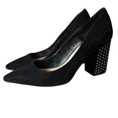 Jessica Simpson Black Studded Laydee Pumps Block Heel Faux Suede Pointed  Toe
