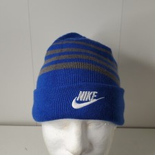 Nike Youth Striped Cuffed Beanie Cap Blue Gray Striped Kids Winter Hat Youth