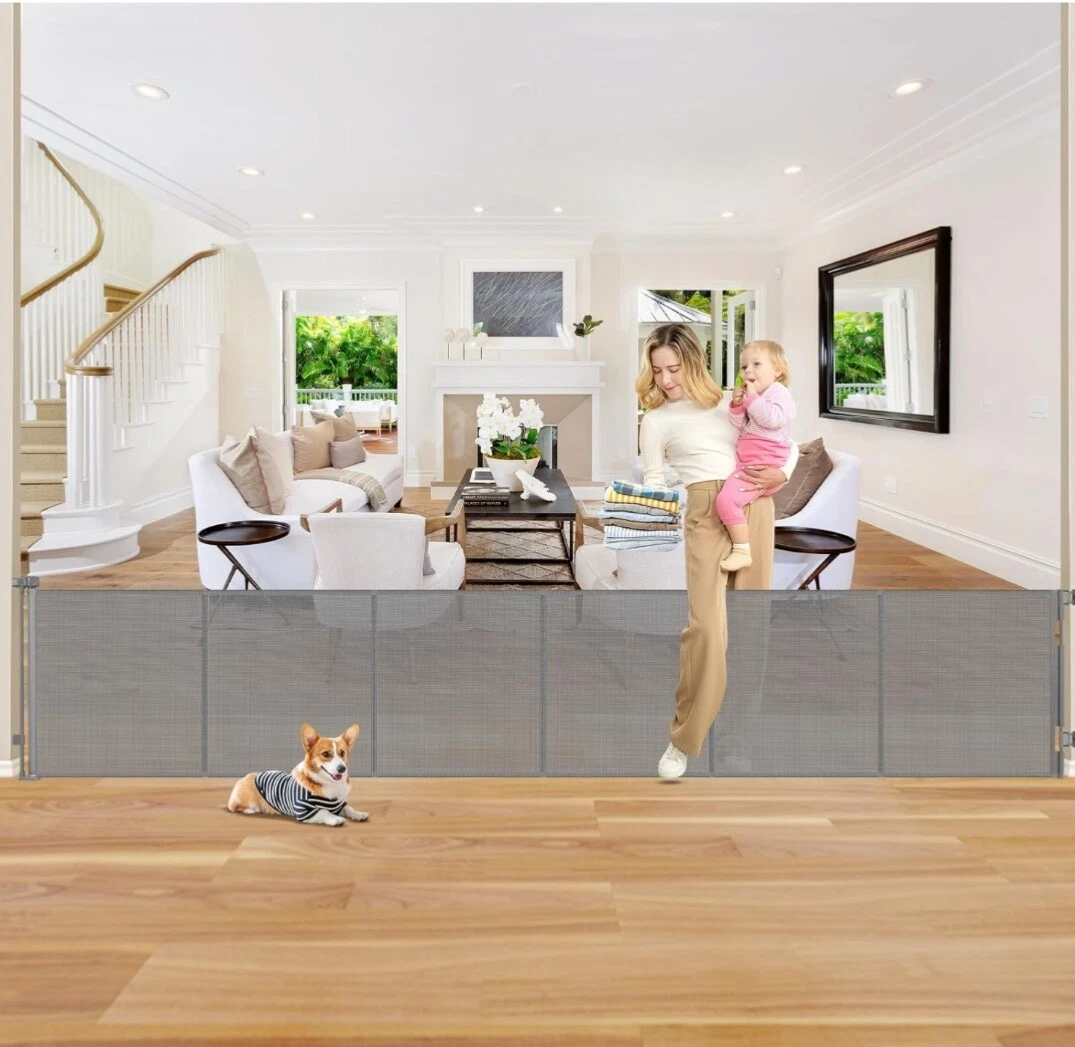 NEW Retractable Child Toddler Pet Gate Step Over 135” Wide x 26” Tall Gray