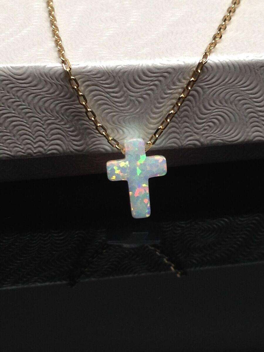 925 Sterling Silver White Opal Cross Pendant Necklace Tiny 925 Sterling Silver White Opal Cross Pendant Necklace Tiny