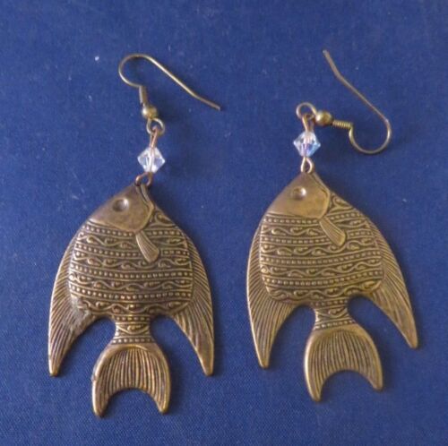 The Brass Menagerie - Vintage Dangle Fish Pierced Earrings - Zdjęcie 1 z 5