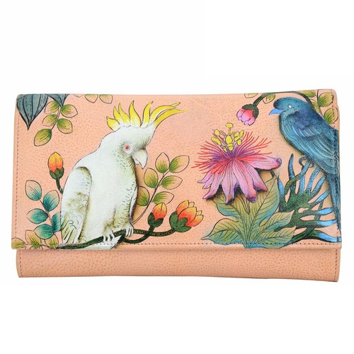 Neu mit Etikett Anuschka Damen-Geldbörse Leder mit handbemalter "Cockatoo Sunrise" Geldbörse