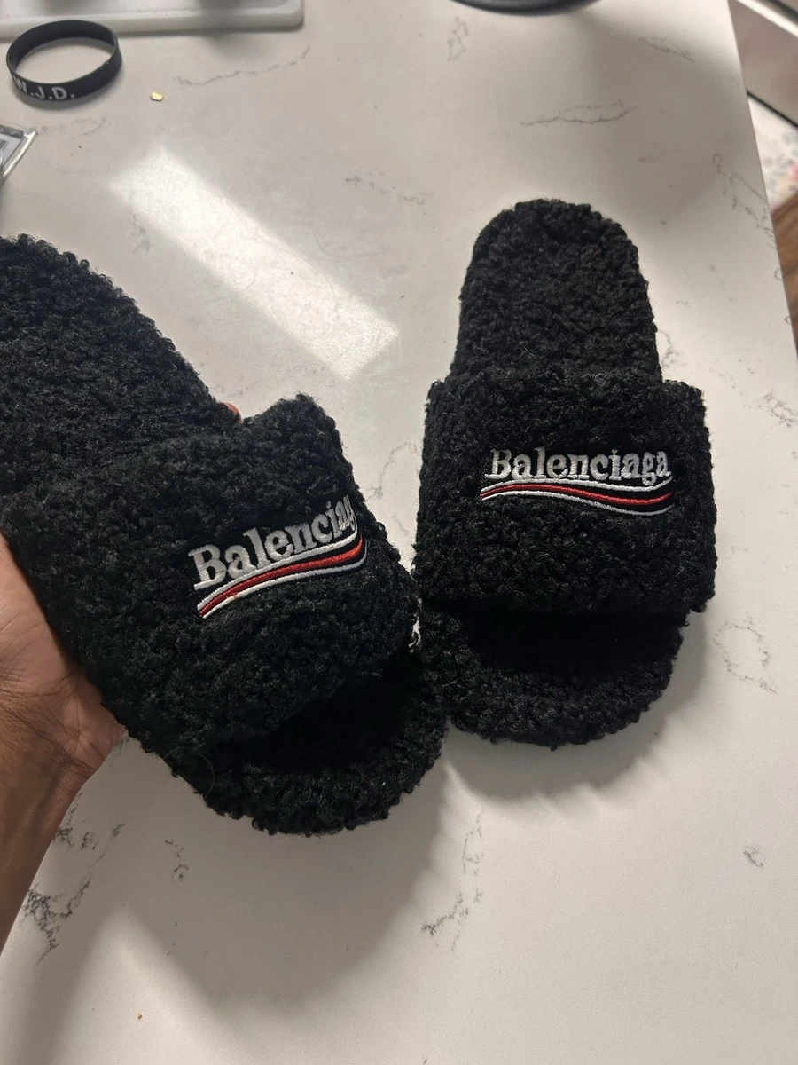 Balenciaga Black Faux Shearling Slide Slippers with Red & White Logo Balenciaga Furry Logo-embroidered Faux Shearling Slides In  main image 2