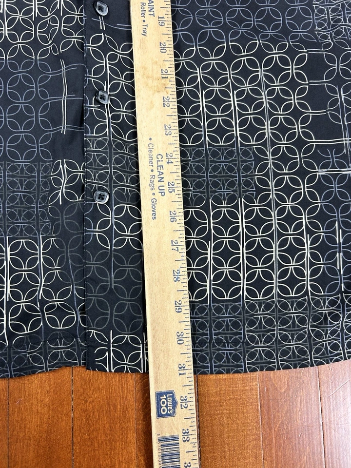 复古 Axis LA 短袖纽扣丝绸衬衫黑色印花男式 XL — 第 3/4 张图片