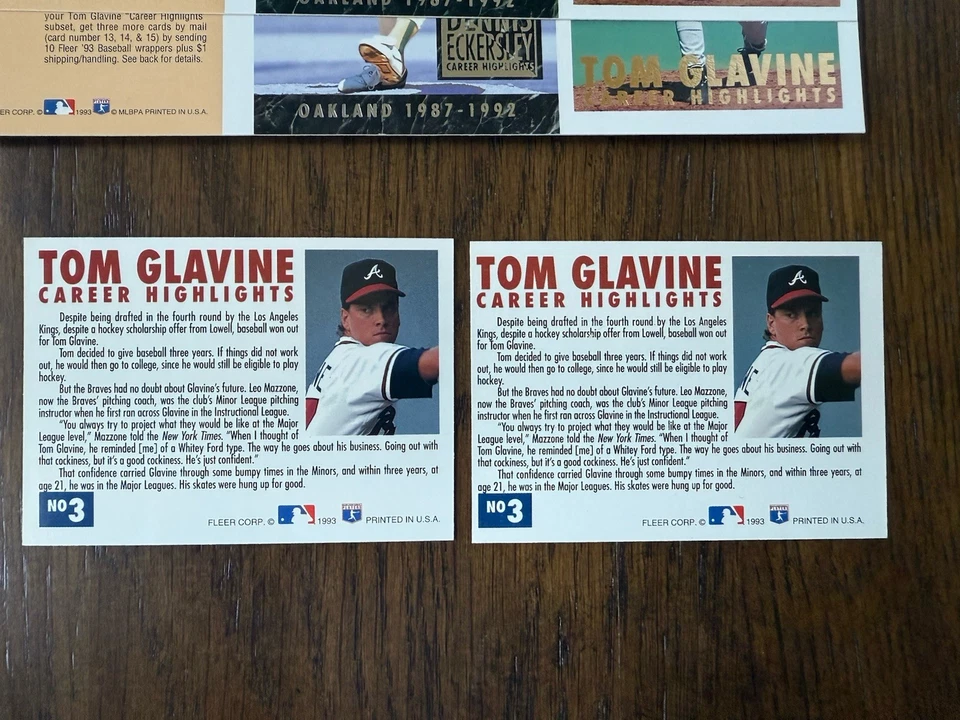 Fleer Tom Glavine 1993 aspectos destacados de la carrera (tarjeta de error rara) parte posterior incorrecta #3 y promoción Foto 2 de 2