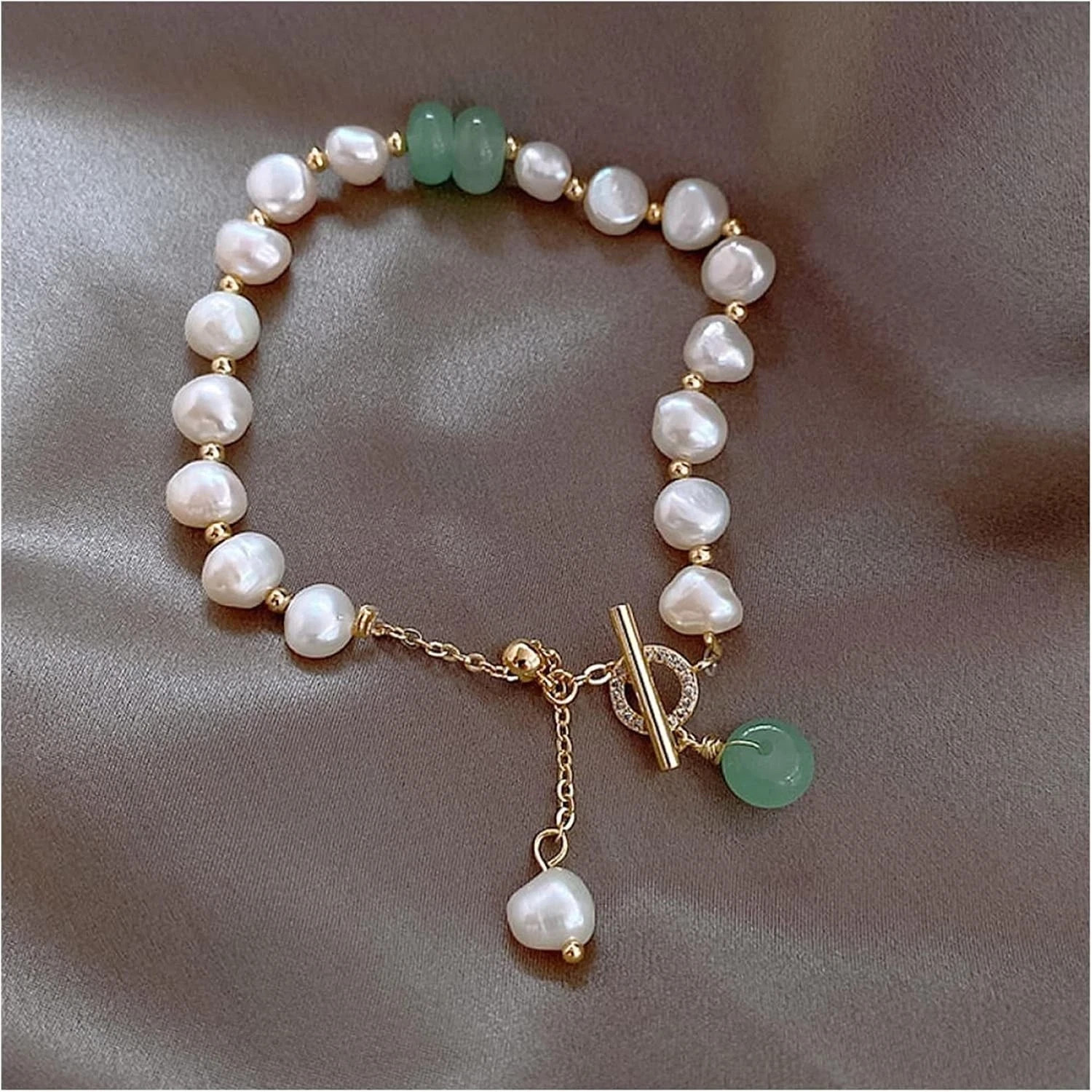 18K Gold Freshwater Pearl Bracelet for Women Adjustable Bangle Rhinestone