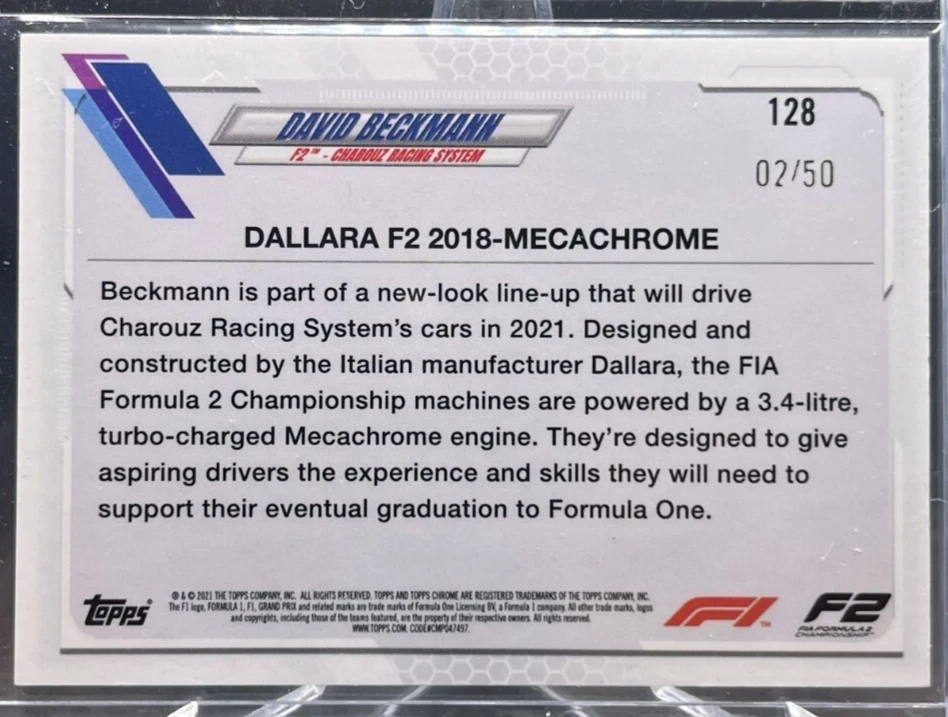 2021 Topps Chrome Formula 1 F1 David Beckmann Gold Checker 02/50 #128 - Image 2 of 2