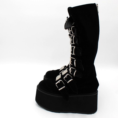 Demonia Trinity Plateau hohe Stiefel Damen 8 schwarz Samt Gothic Punk Schnalle - Bild 4 von 11