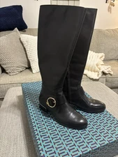 Tory Burch SOFIA BUCKLED Logo Knee High Riding Boot Flat Equestrian 7.5  Black