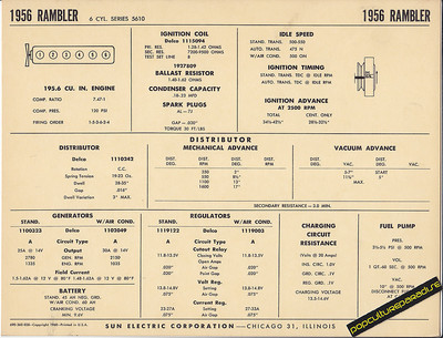 1956 RAMBLER V6 SERIES 5610 Car SUN ELECTRIC SPEC SHEET