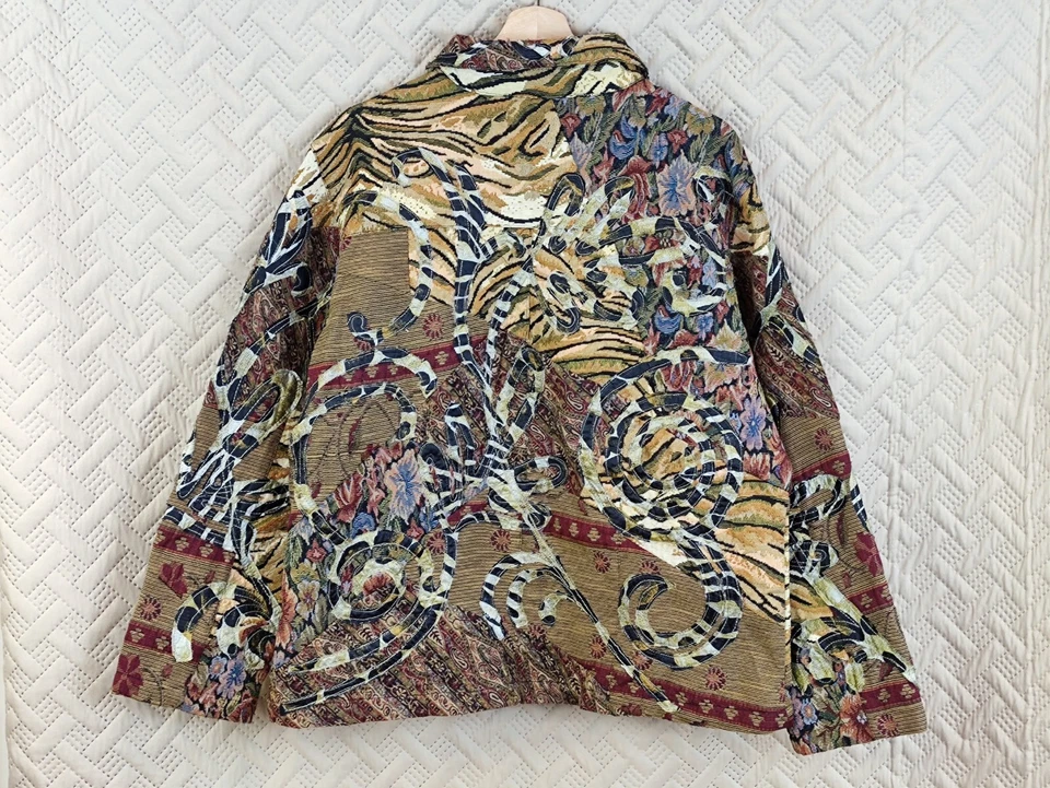Chicos Jacket Tapestry Stitched Floral Animal Pattern Wool Blend Buttons Size 3 - Image 2 of 4