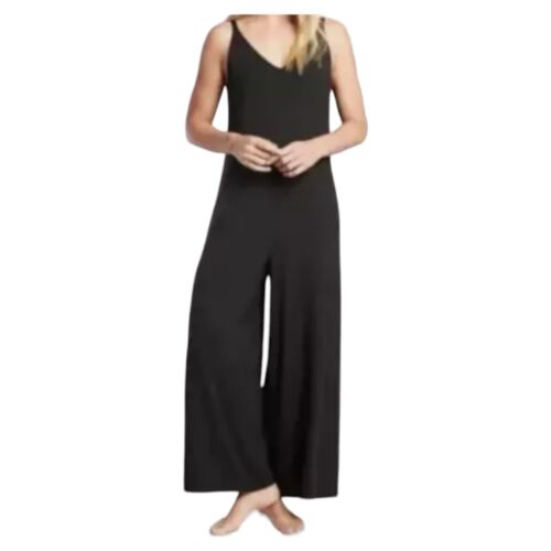 NEW Athleta Wind Down Sleep V Neck Romper Waffle Knit Womens Large Black - Picture 1 of 13