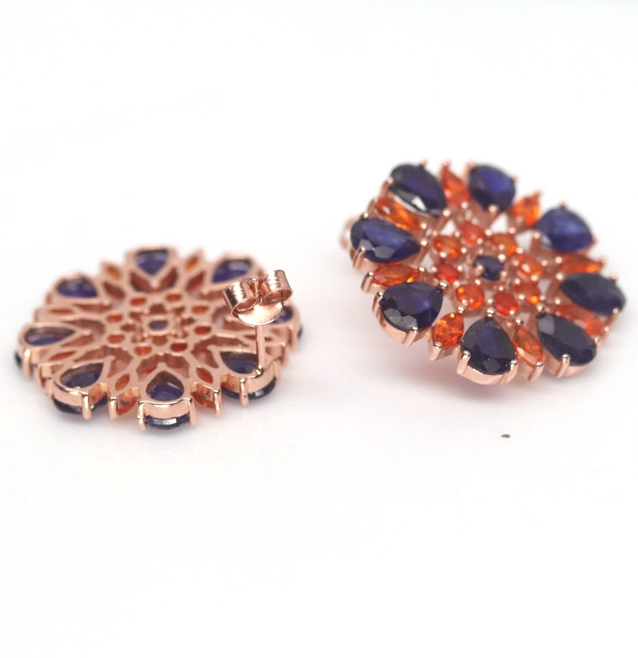 Heated 5 X 7 mm. Blue Sapphire & Orange Fire Opal Earrings Silver 925 Sterling - Image 3 of 4
