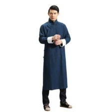 Men's Chinese Traditional Long Gown Jacket Kung Fu Vintage Style Linen Casual L 