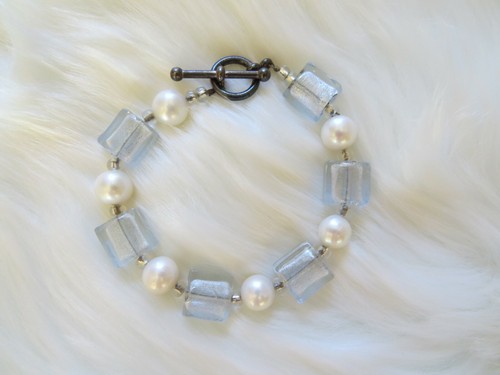 White Pearl Blue Square Bead Bracelet, 8 1/2" - Picture 2 of 3