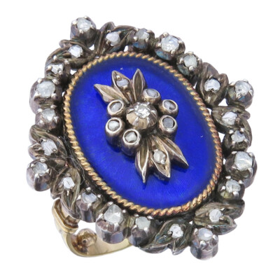 Circa 1780-1800 Diamond Blue Enamel 750 Yellow Gold Ring