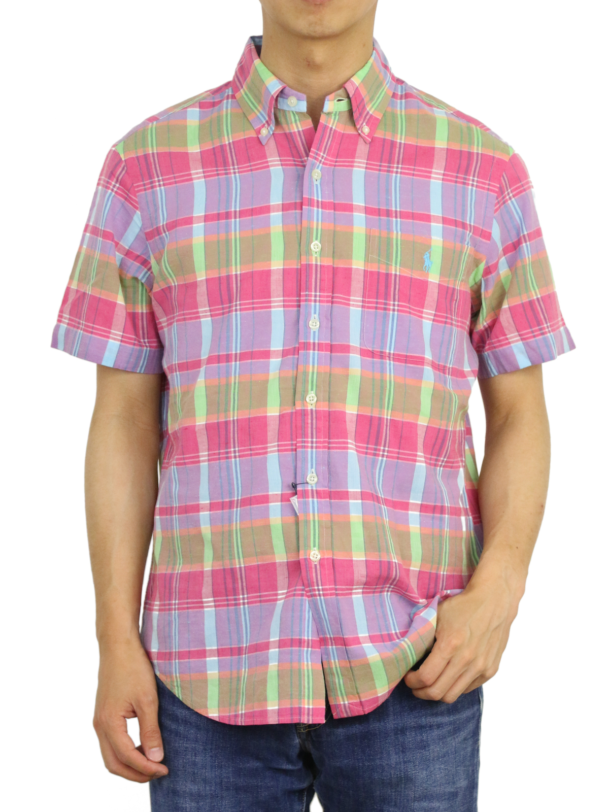 Поло Ralph Lauren Standard Madras в клетку из бычьей кожи на пуговицах Розовый/Фиолетовый/Зеленый/Синий -