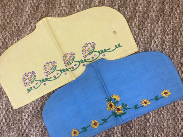 VINTAGE 1940s pair of embroidered coat hanger covers blue + yellow floral kitsch