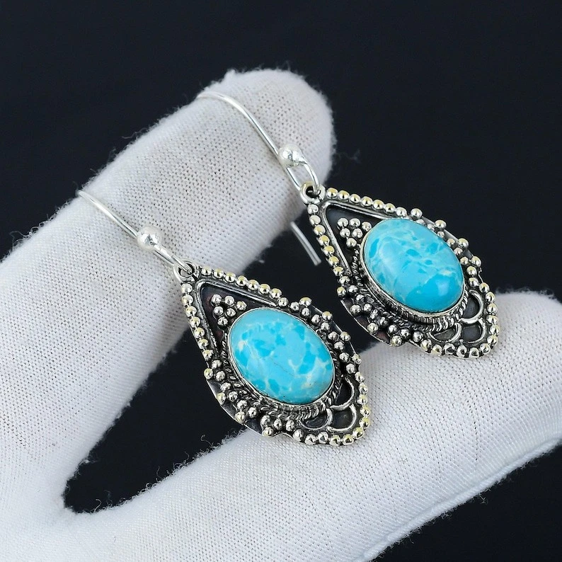 Blue Larimar Gemstone Handmade 925 Sterling Silver Jewelry Earring Size-1.65" - Image 2 of 4