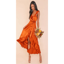 Show Me Your Mumu NWT Samantha Ruffle Wrap Dress Burnt Orange Luxe Satin Sz XXS