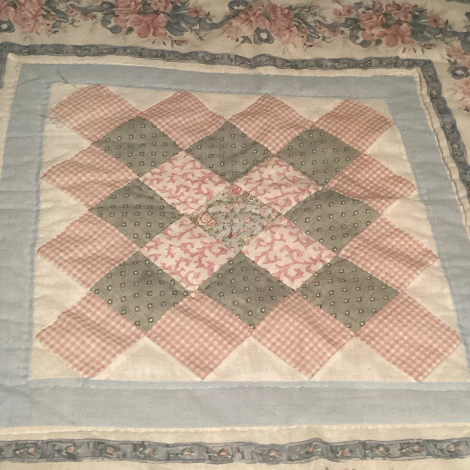 Trip Around the World Quilt 100x86 Queen Pastel Pink Blue Green Shabby REPAIR - Image 2 of 4