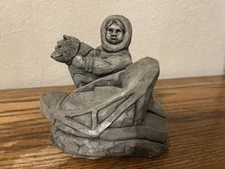 Vintage Sculpture Alaskan Eskimo With Dog & Sled Hand Carved Soapstone 4.25”