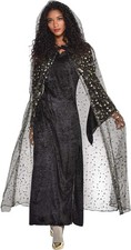 Celestial Hooded Cape Witch Black Fancy Dress Halloween Adult Costume Accessory