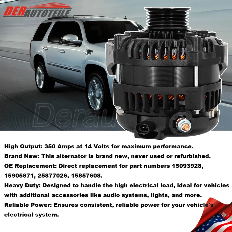 350A 14V High Output Alternator For Chevy GMC Yukon Tahoe Cadillac Hummer H2 NEW - Image 2 of 4