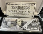 4 oz Silver Colorized Proof Bar- 2019 $100 Bill (w/Box & COA)