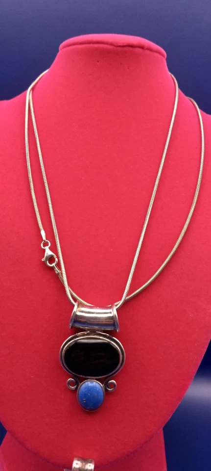 2 colgantes vintage 925 de ónix negro y jaspe azul uno 925 collar 30 pulgadas Foto 4 de 4