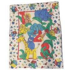 Vintage 90s Baby Quilt Jungle Zoo Animal Number Giraffe Elephant Lion Bear Hippo