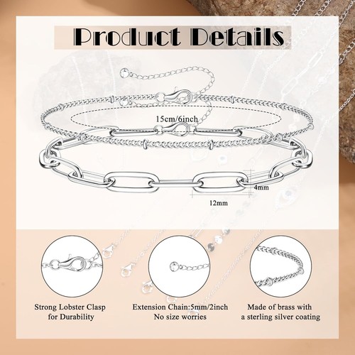 925 Sterling Silver Paperclip Chain Layered Bracelets 14K White Gold Plated - Picture 2 of 6