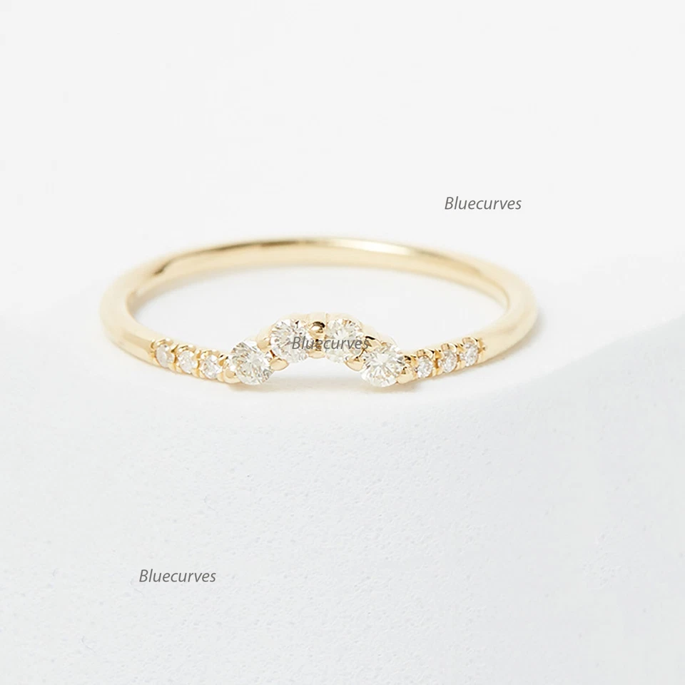 Anillo banda curva de diamantes genuinos en oro amarillo de 14 k apilable joyería fina para mujer Foto 3 de 4