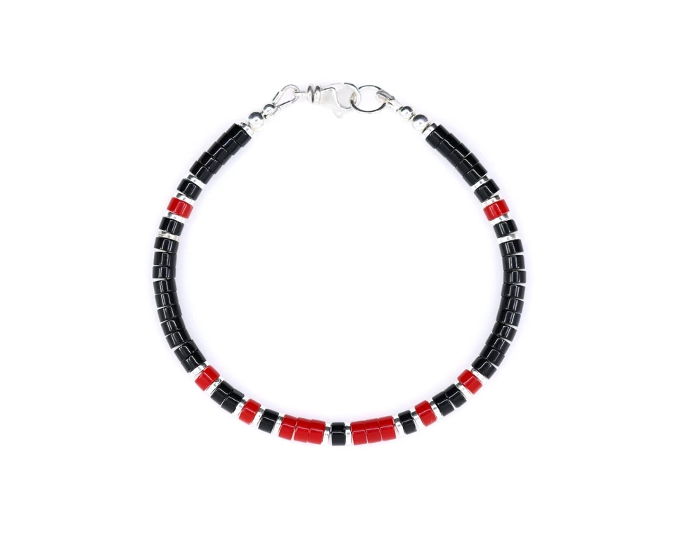 Pulseira de jade vermelha e ônix preto | Contas Heishi de prata esterlina e fecho lagosta - Imagem 2 de 4