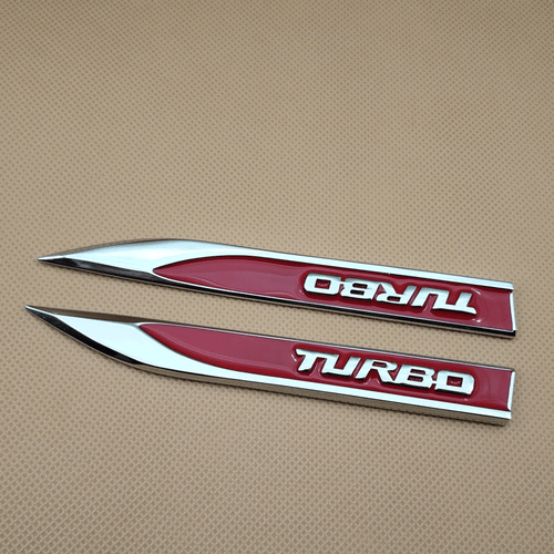 Pair Metal Silver & Red TURBO Auto Badge Side Wing Fender Car Emblem 3D Sticker - Bild 1 von 5