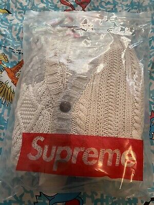 SUPREME PATCHWORK CABLE KNIT CARDIGAN IVORY FW 2023 SIZE MEDIUM