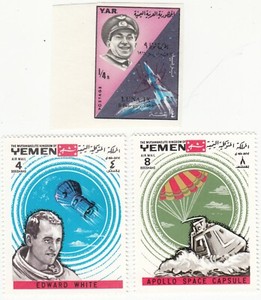 YEMEN 1965-69 LUNA IX 9 imperf and Apollo7 perf. Edward White. Outer Space. MNH