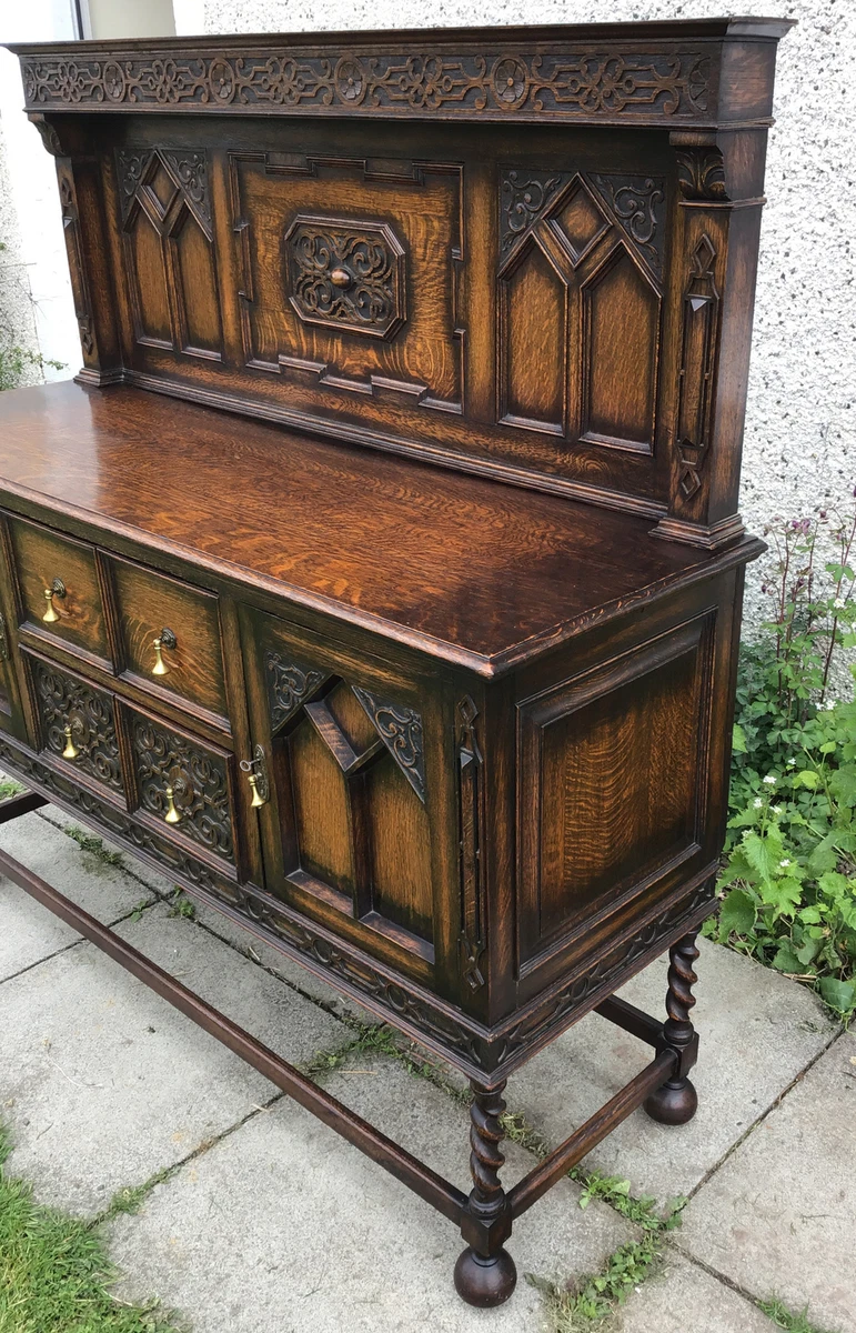 Antique Carved Oak Sideboard Buffet. Brass Teardrop Handles. Barley Twists Leg