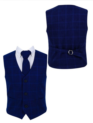 Boys Tweed Windowpane Check Waistcoat Cotton 3 Piece Formal Smart Casual Tie Set - Picture 6 of 20
