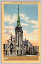 Vintage Postcard VA Portsmouth St. Paul's Catholic Church Linen ~12530