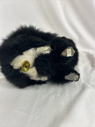 Vintage Black Cat Figurine Lifelike Real Rabbit Fur 8” Hard Plastic Base - Picture 6 of 7