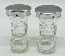 Vintage Clear Glass Boots Shoes Salt Pepper Shaker Set Santa Silver Tops 2 inch