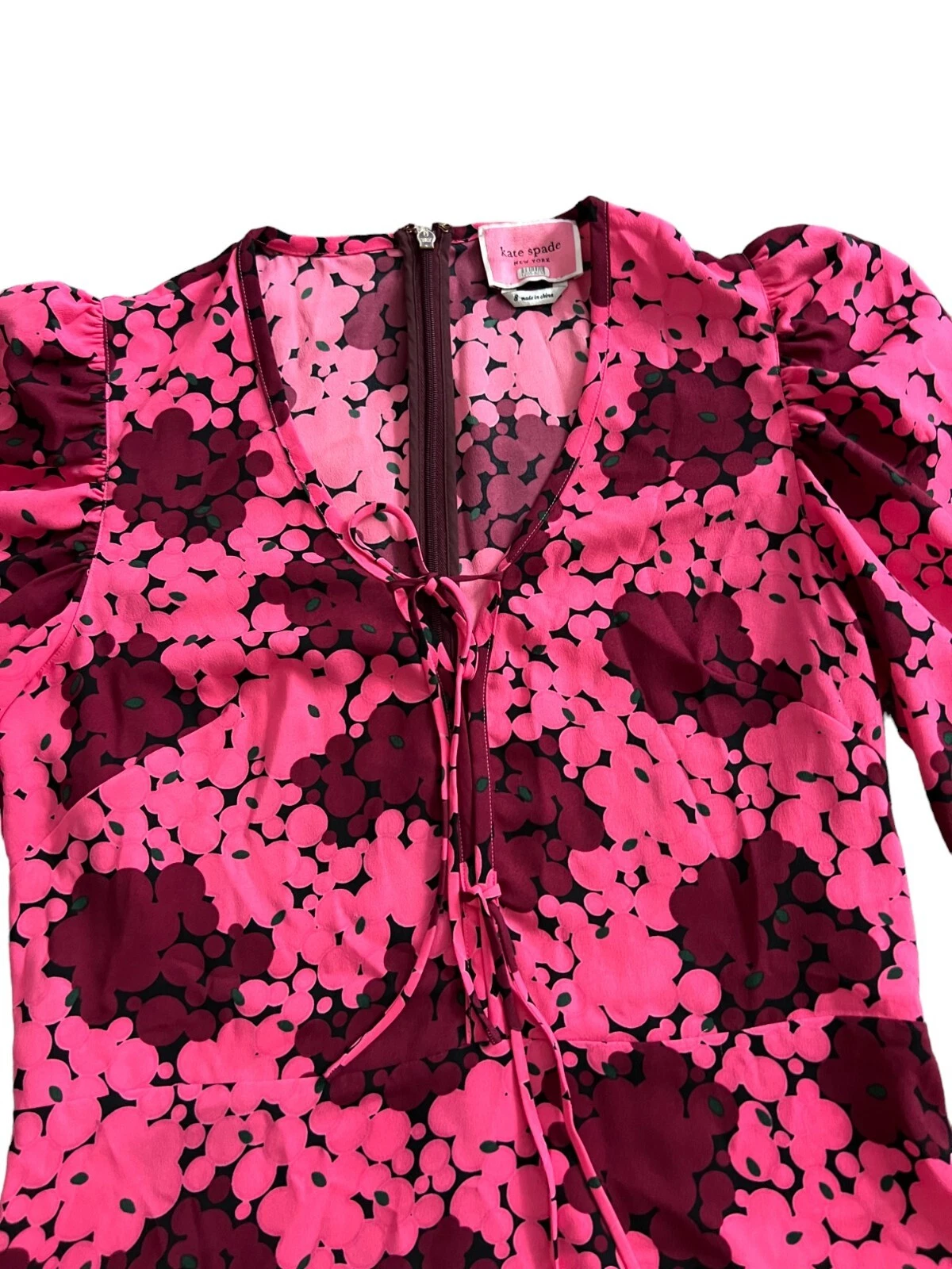 Abito donna Kate Spade 8 linee cravatta a pois a bolle davanti rosa manica a sbuffo lunghezza ginocchio