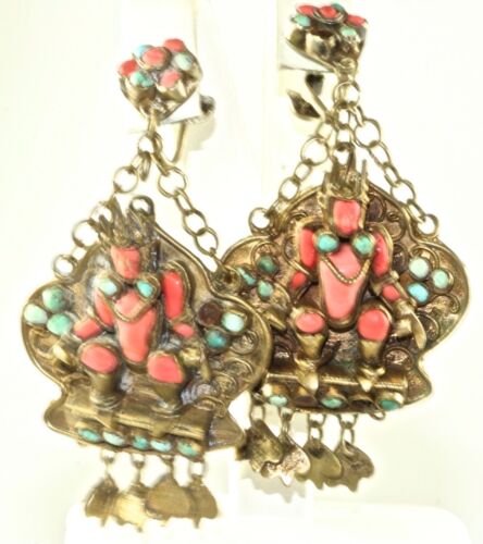1920'S VINTAGE INDIA MIDDLE EASTERN CORAL TURQUOISE EXOTIC DANGLING EARRINGS - 第 1/5 張圖片