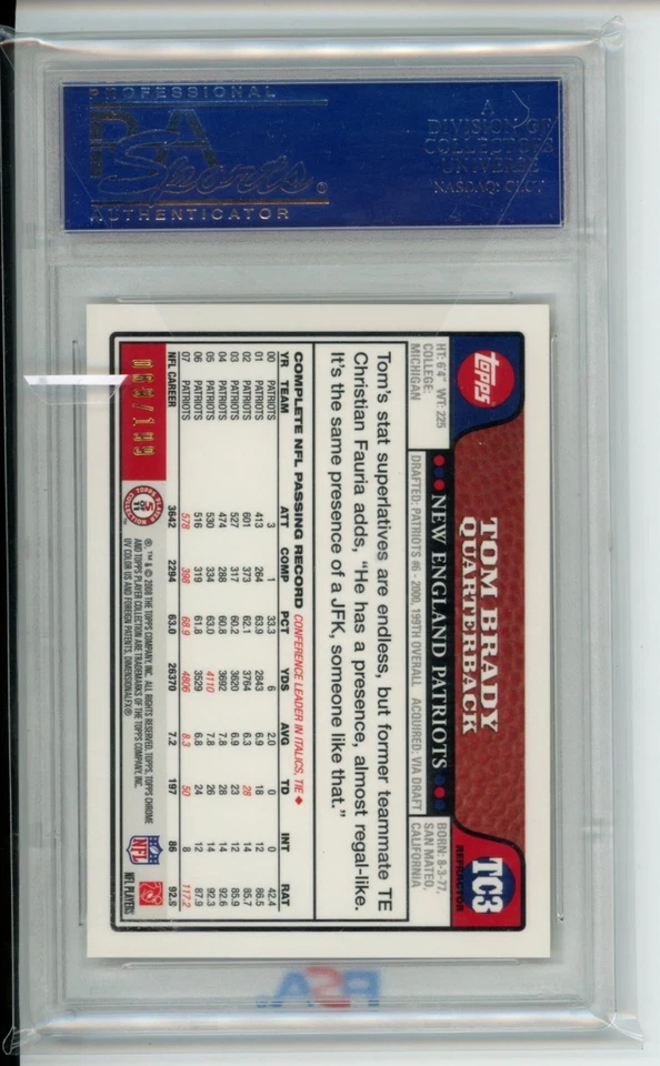 2008 TOPPS CHROME TOM BRADY #TC3 GOLD REFRACTOR /199 PSA 10 - Image 2 of 2